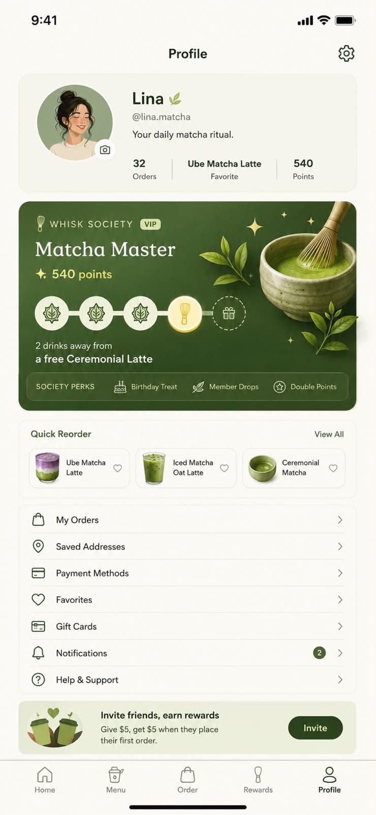 Customer profile in a matcha bar's app, showing order count, points balance, a rewards tier and saved reorder items