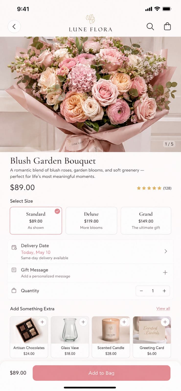 Product page in a florist's branded ordering app, showing a bouquet, size options, delivery date and an add-to-bag bar