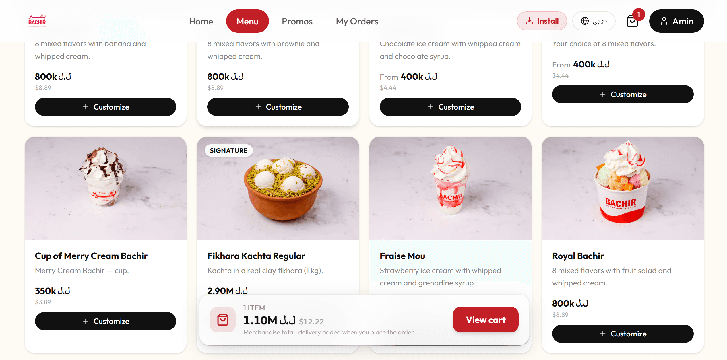 Bachir Delivery menu screen with product cards, prices in two currencies and a live cart summary