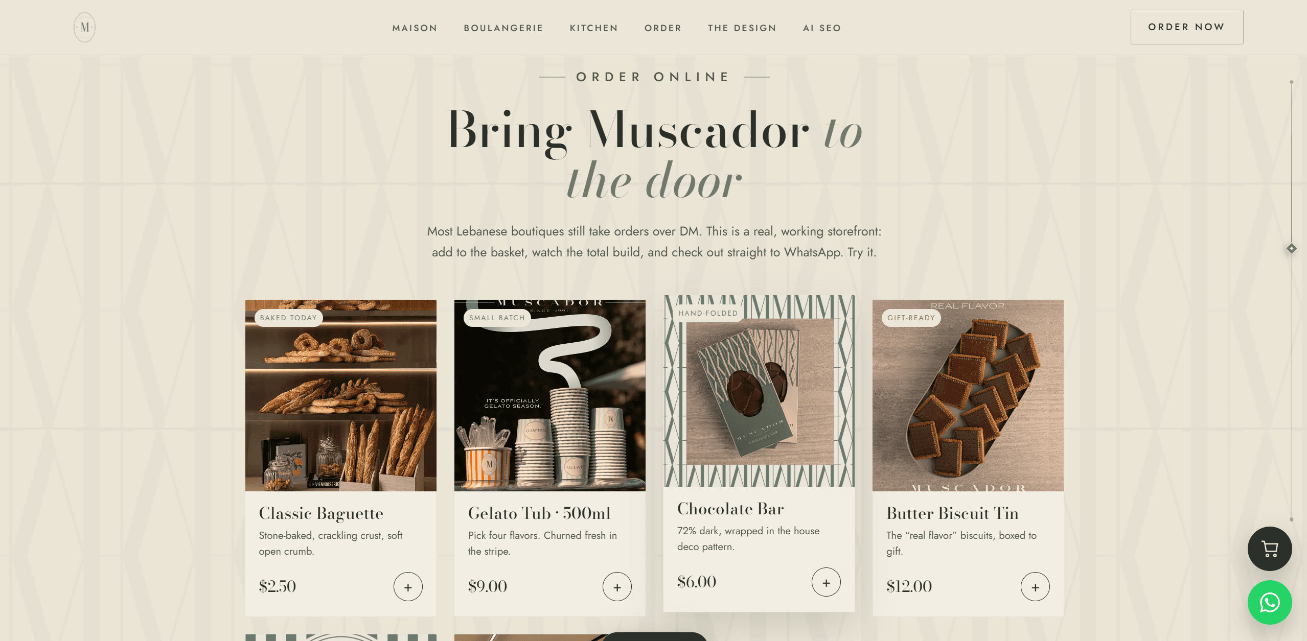 Muscador website hero with refined typography over a warm boutique interior