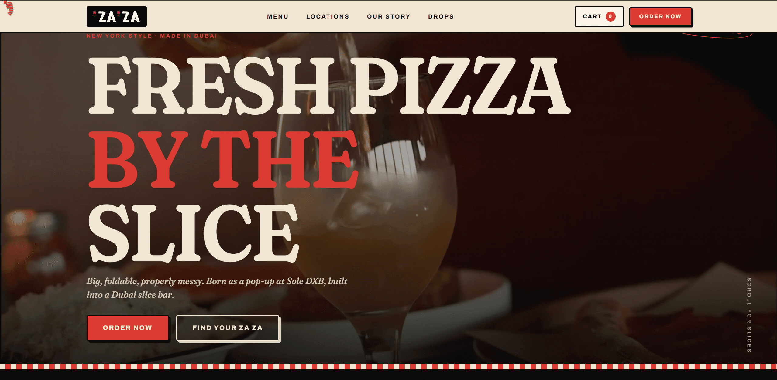 Za Za Slice website hero with oversized editorial lettering over a warm restaurant scene